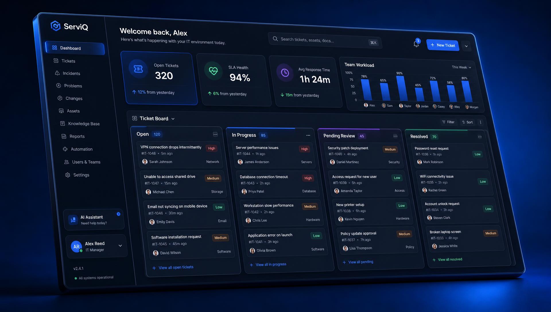 ServiQ unified service management dashboard with department queues and SLA tracking